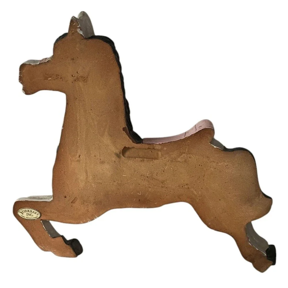 Vintage Yorkraft Carousel Horse Carved Wall Plaque White Pink Blue Black Mane